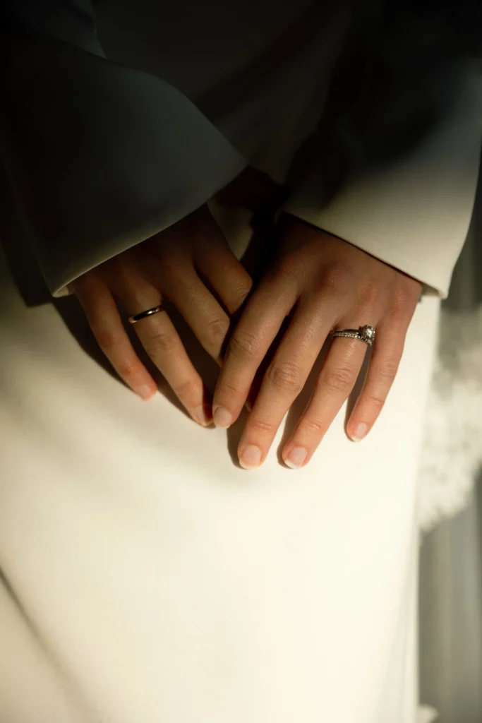 Close-up of wedding rings on the couple’s hands